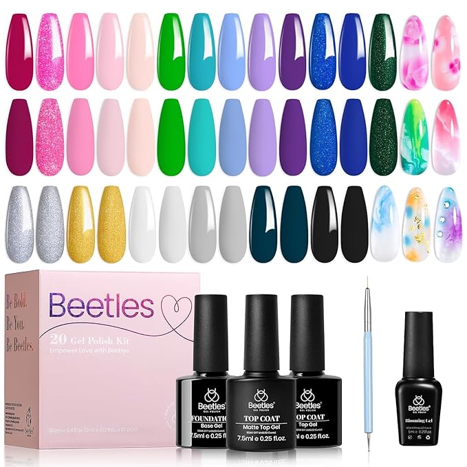 Beetles Gel Nail Polish with Blooming Gel -19 Colors Pink Green Blue Purple Neon Gel Nail Polish 3Pcs Base&Glossy Matte Top Coat,Clear Blooming Polish for Spreading Effect Soak off UV Nail Art Design