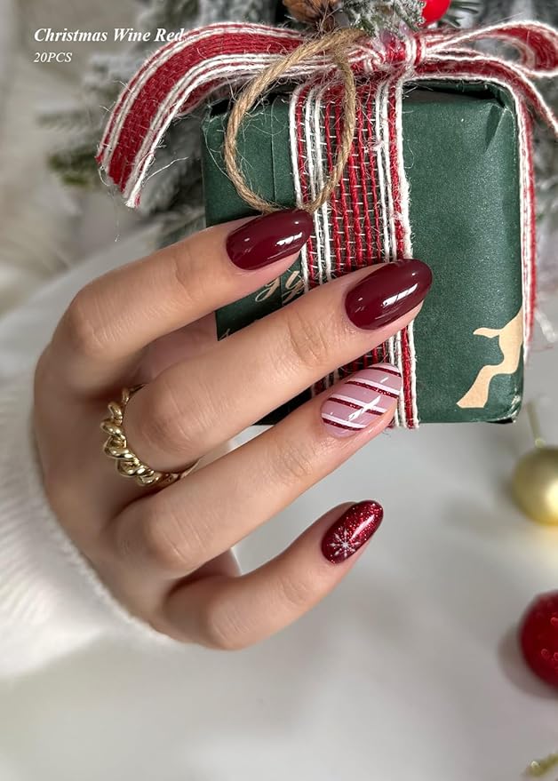 Semi Cured Gel Nail Strips (Christmas Wine Red), Christmas Wine Red, 20 Pcs Gel Nail Wraps, Stickers, Snowflake, Works with Any UV Lamps