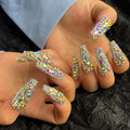 Trendy Handmade Press On Nails Long Square Shape,10Pcs Crystal AB Diamonds Large Acrylic Fake Nails with 3D Rhine Stone Luxury Design Stick On Nail for Woman Gift