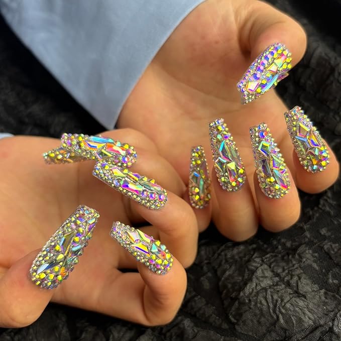 Trendy Handmade Press On Nails Long Square Shape,10Pcs Crystal AB Diamonds Large Acrylic Fake Nails with 3D Rhine Stone Luxury Design Stick On Nail for Woman Gift