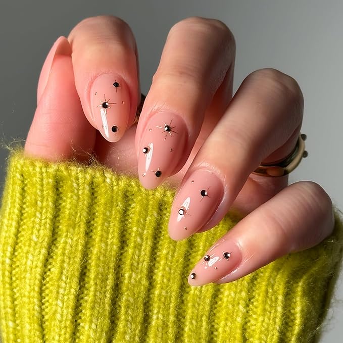 Valentines Day Glamnetic Press On Nails - Pink Comet | Short Almond Fake Nails in Pale Blush Pink with Lavender 3D Gems in a Glossy Finish, Salon Quality | 15 Sizes - 30 Nail Kit with Glue