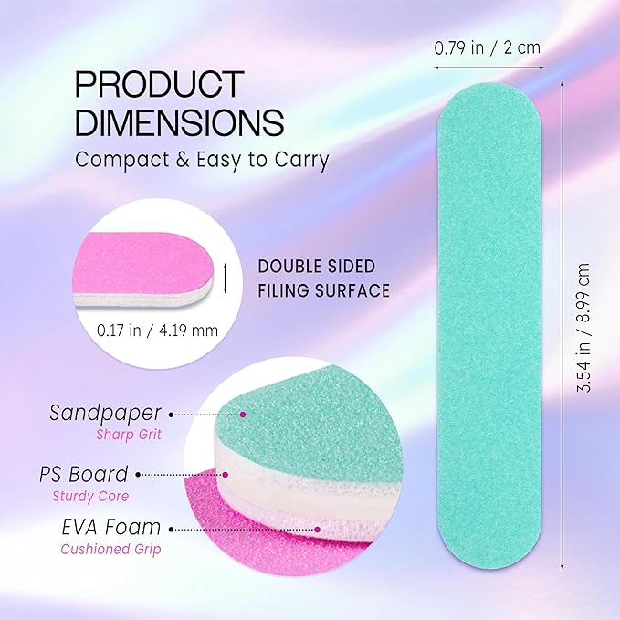25PCS Mini Size PANA Professional Double Sided Nail Files - Pink&Teal, 100/100 Grit - Emery Board Nail Buffering File Manicure Pedicure Nail Polisher Washable