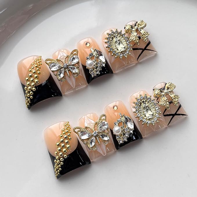 French Tip Press on Nails Handmade Short Duck 3D Flower Thick Acrylic Nails Black False Nails with Bow Rhinestones Butterfly Designs Elegant Glossy Fake Nail Sturdy Art Press on Nail 10Pcs(M)