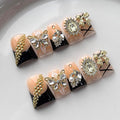 French Tip Press on Nails Handmade Short Duck 3D Flower Thick Acrylic Nails Black False Nails with Bow Rhinestones Butterfly Designs Elegant Glossy Fake Nail Sturdy Art Press on Nail 10Pcs(M)
