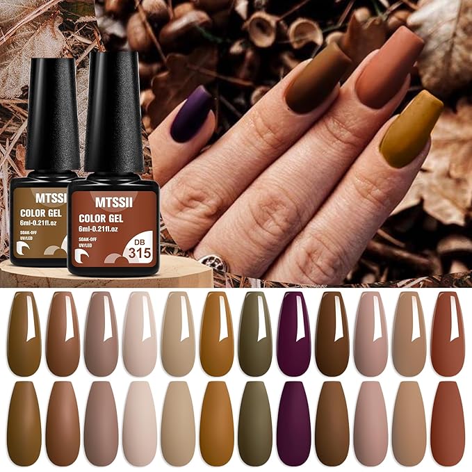 MTSSII 12 Colors Brown Gel Nail Polish Set, Fall Winter Skin Tones Nude Gel Polish Roasted Chestnuts Chocolate Collection Neutral Khaki Gel Nail Kit Nail Art Salon DIY Gift for Women