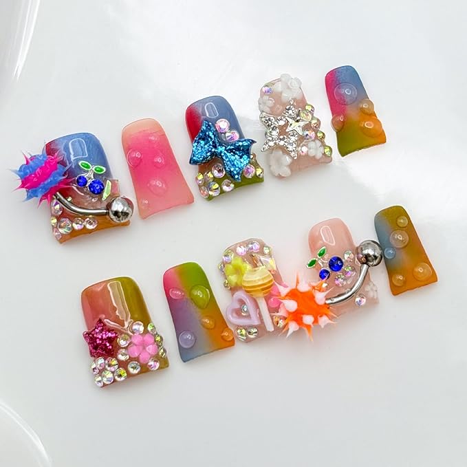 10 Pcs Handmade Duck Press on Nails with Glue,Colorful Fake Nails with 3D Diamond Pink Pentagram Blue Bow Tie Design Acrylic Press on Nail Reusable Thick Handmade False Nails for Women DIY (Size M)