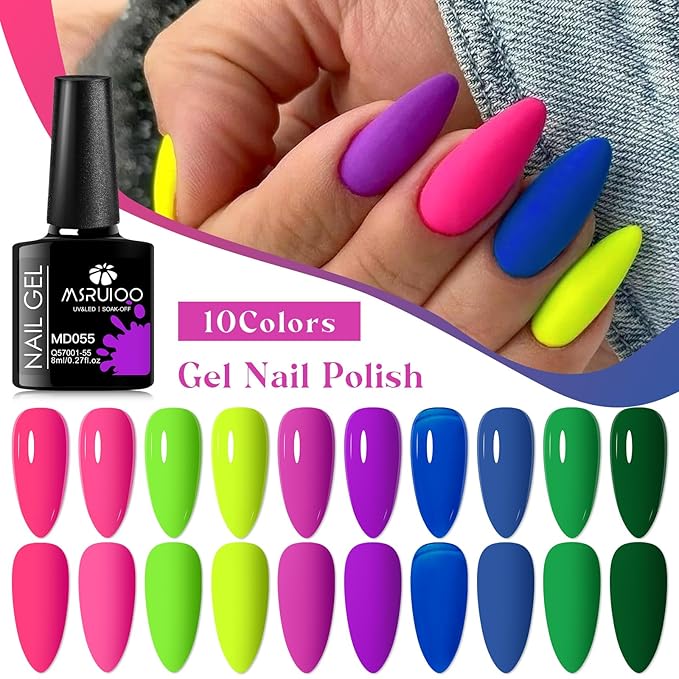 12Pcs Neon Gel Nail Polish Kit Hot Pink Green Purple Blue Gel Polish Kit with Base Top Coat for Nail Art DIY 10 Colors