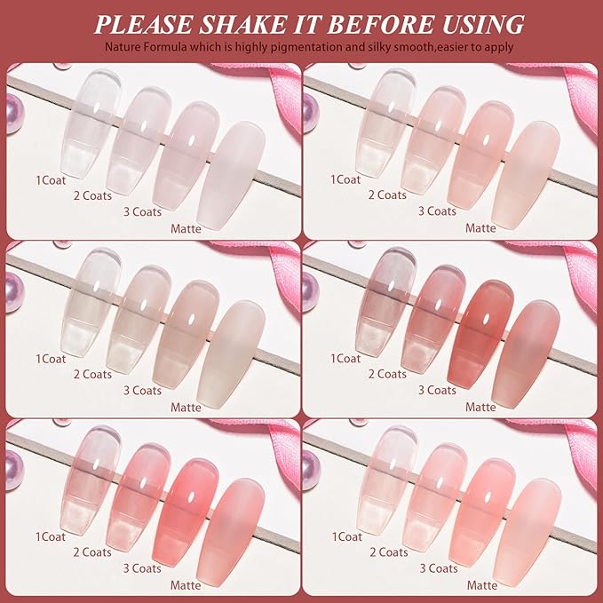 Artdone Sheer Gel Nail Polish Set Jelly UV Gel 6 Colors Translucent Milky White Pink Nude Brown Colors Nail Polish For All Seasons Neutral Soak off LED Lamp Gel Manicure Kit For Nail Art