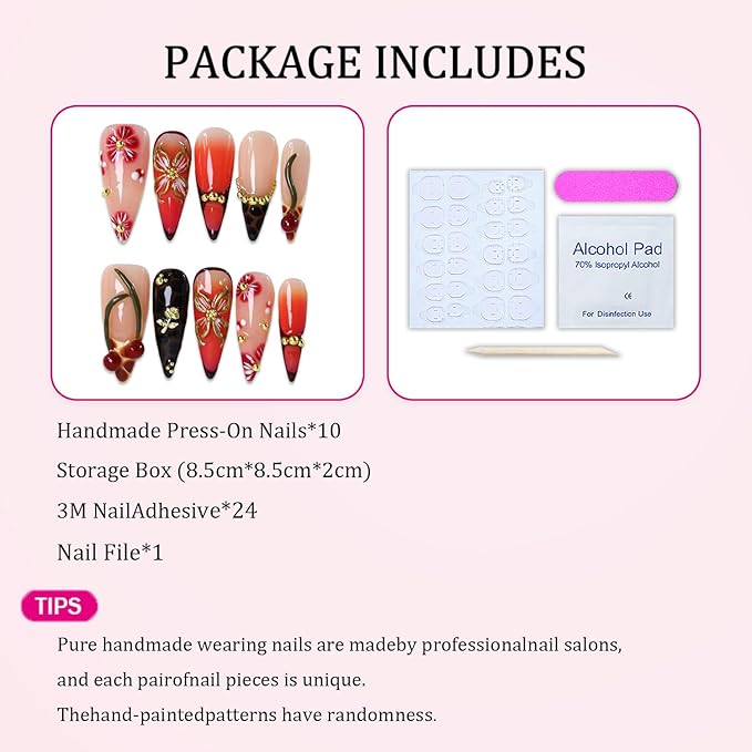 Handmade Press on Nails Medium Almond Fake Nail Unique 3D Floral & Cherry Designs Gold Rose Red Gradient Reusable Flower Stick on Nail Thicked French Tip Acrylic False Nails for Women (M)