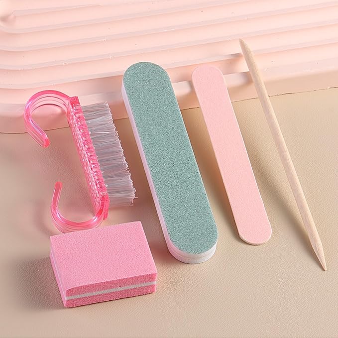 10 Sets Disposable Manicure Prep Kit for Travel Home, Portable Basics 5 in 1 Nail Salon Pedicure Kit, Professional Nail Tool Supplies, Nail File, Mini Buffer, Wood Stick & Handle Grip Brush