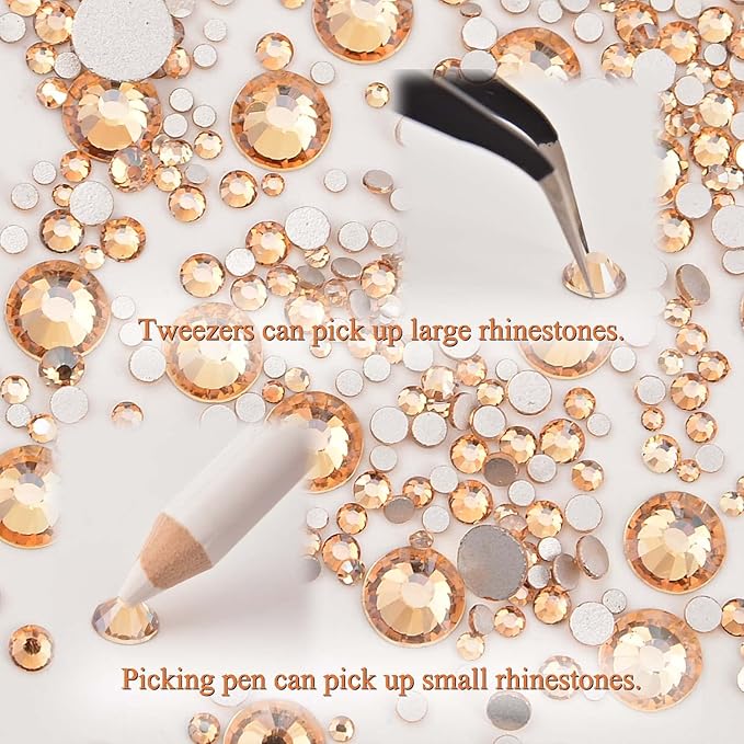 NCB 8000pcs Non Hotfix Rhinestones 10 Sizes Flatback Crystal Glass Rhinestones with Tweezers and Picking Pen for Nail Art Clothes Bags Phone Decorations Crafts DIY (023 Champagne Mix SS3-SS30)