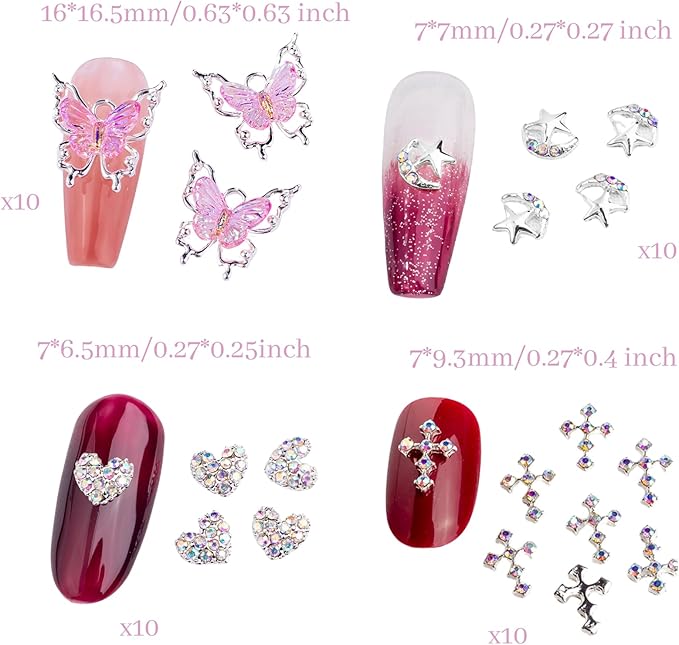 Bling Nail Charms Pink 3D Nail Charms and Gems Aurora Butterfly Cute Silver Cross Star Charms Chrome Heart Silver Y2K Nail Gems with Rhinestones Metallic Nail Art Accessories