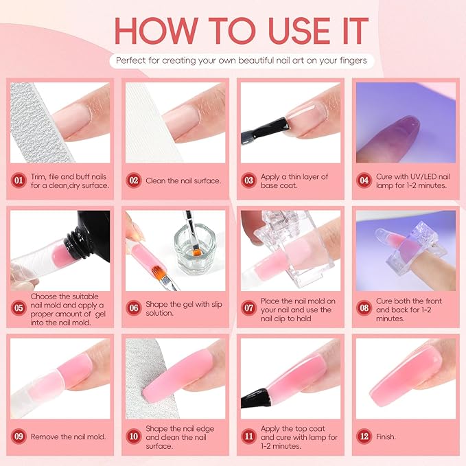 PEACECOLOR Poly Nail Gel Kit, 15 Colors Poly Nail Extension Gel with Nail Lamp Slip Solution Nail Starter Kit with Base Top Coat Manicure DIY Nail Art Salon Kit