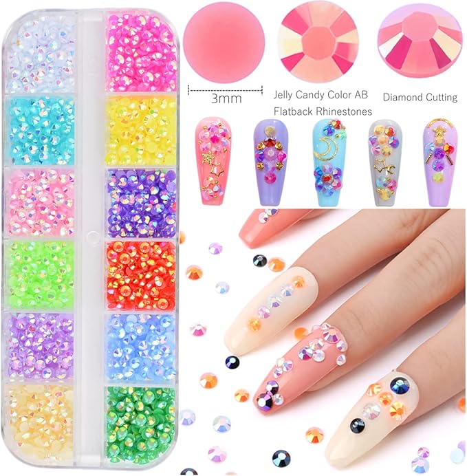 5 Boxes 3000pcs Sparkling Crystal Nail Rhinestones Pearls Kit, Flatback Multicolor Transparent Jelly AB Mermaid Gems with Pick Up Pen and Curved Tweezers for Manicure Salon & Craft DIY Designs (4mm)