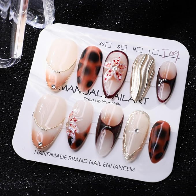 Handmade Press on Nails Full Cover False Nails with Vintage Leopard Print French Tip Designs Medium Almond Flower Press on Nails Glossy Thickened Golden Embossed Acrylic Nails for Women（Size M）