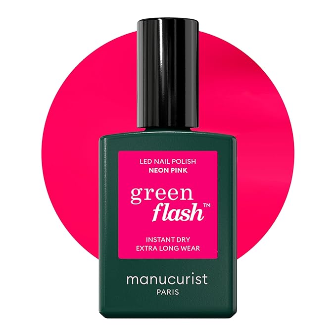 Manucurist Green Flash LED Fluorescent Pink Neon Pink Gel Nail Polish - Vegan, 12-Free, Plant-Based Polish - Strengthens and Protects the Nail - Gel Nail Polishes - Made in France