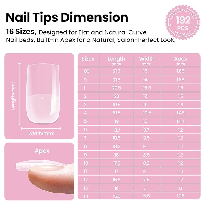Beetles Tipex Lite Apex Nail Tips Kit, Square Short, 192pcs 16 Sizes,with UV Nail Glue, Base & Top Coat, Mini Nail Lamp, Nail Clipper & Cuticle Nipper,Pre-Building Pre-Etched Acrylic Tips Kit