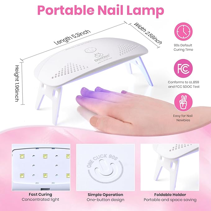 Beetles Nude Pink Gel Nail Polish Kit with UV LED Light Nail Lamp 6 Pcs Starter Kit Base Gel Top Coat Soak Off Nude Pink Polish Set with Nail File for DIY Manicure Gifts for Women