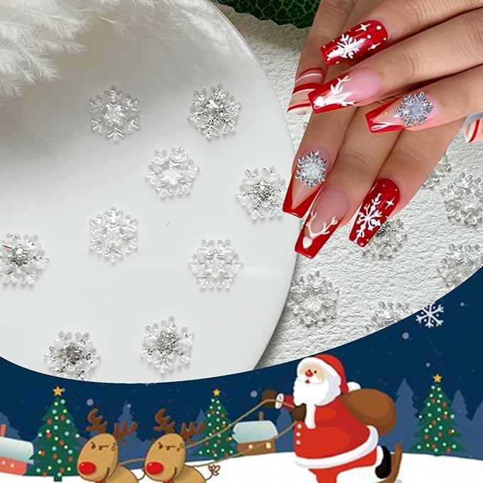100pcs Snowflake Nail Art Decorations Christmas Iridescent Nail Art Charms White Transparent Snowflake Nail Supplies Mini Flatback Snow Shape Nail Art Accessories for Women Girls Manicure Decoration