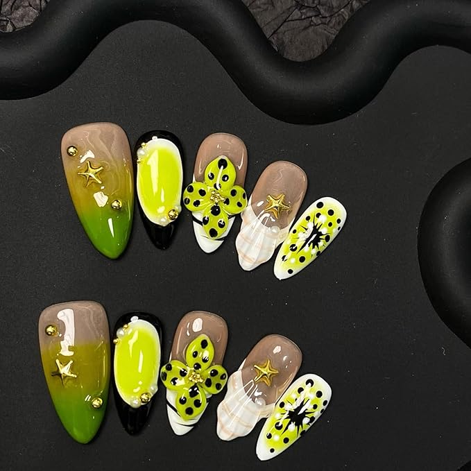 Handmade Press on Nails Medium Almond Nails 3D Green Floral Carved Press Ons Nails Nude Pink Fake Nails Press on Nail Glossy French Tip False Nails with Glue for Women Reusable Acrylic Nails (Size M)