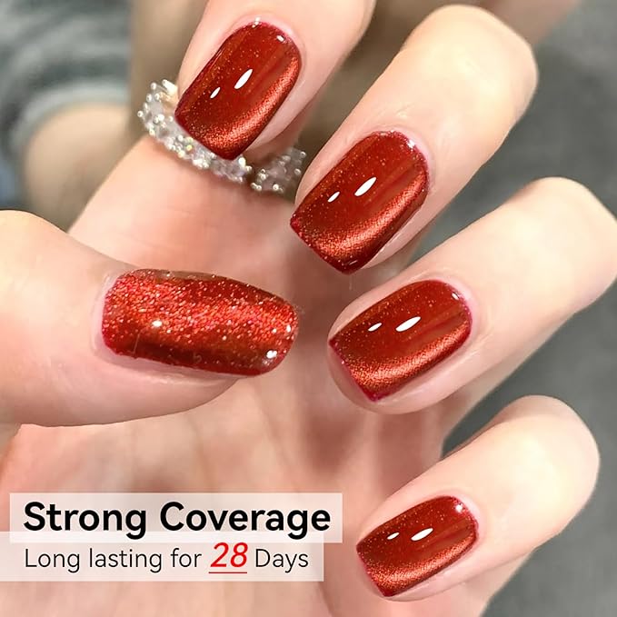 Red Cat Eye Gel Polish, Cateye Magnetic Nail Polish Glitter Holographic UV Gel Sparkle Crystal Jelly Color Bright Red for Nail Salon DIY at Home