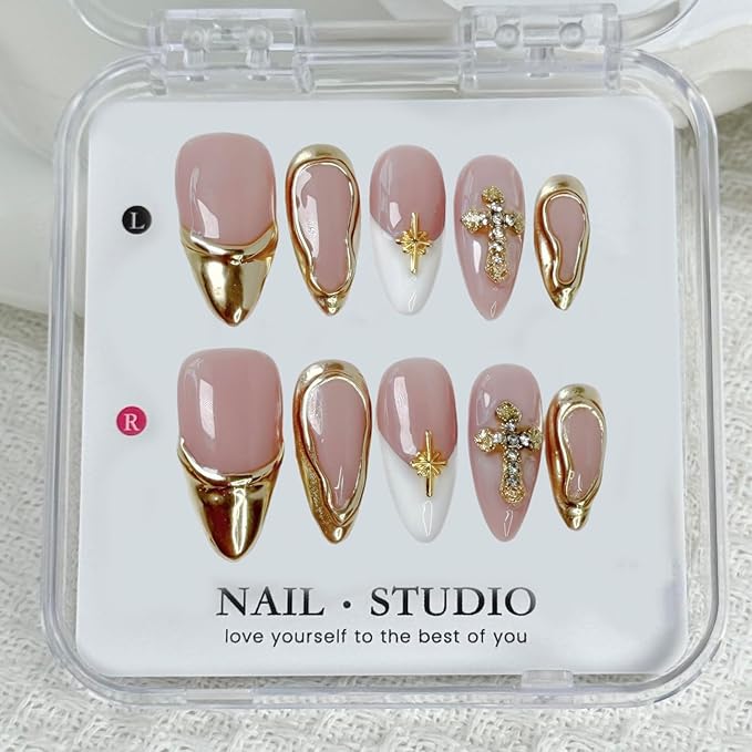 Handmade Fake Nails Medium Almond Press on Nails Rhinestones 3D Gold Curve Line False Nail French with Cross Designs Glossy Glue on Nail DIY for Women Manicure Art (Size S)