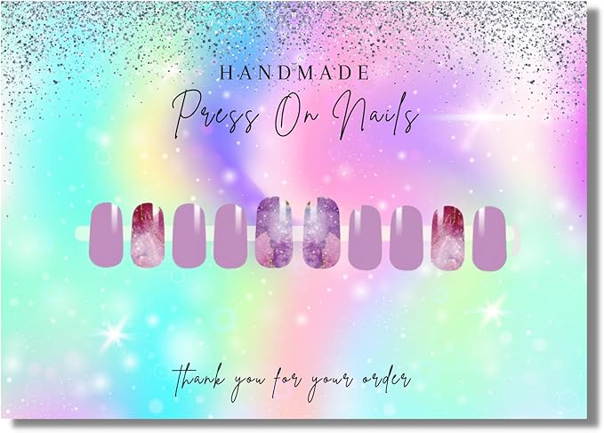 Lashicorn Handmade Press On Nails Display Card | 5x7” 30 pk w/Application Aftercare Instructions - Inserts Add To A Holographic Bags & Can Use With Double Sided Tape