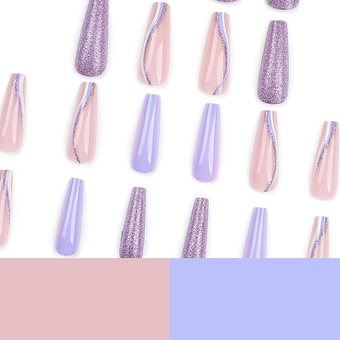 RTKHFZER Long Press on Nails Coffin Fake Nails Purple Glitter False Nails with Swirl Designs Nails Press Ons 24Pcs Glossy Long Full Cover Acrylic Stick on Nail for Women