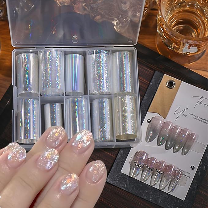 10Rolls Aurora Nail Foil for Nail Art Laser Nail Transfer Foil Stickers 3D Holographic Nail Art Foils Clear Glass Fragment Starry Sky Paper Nail Stickers Holographic Mermaid Nail Decals Foil for Women