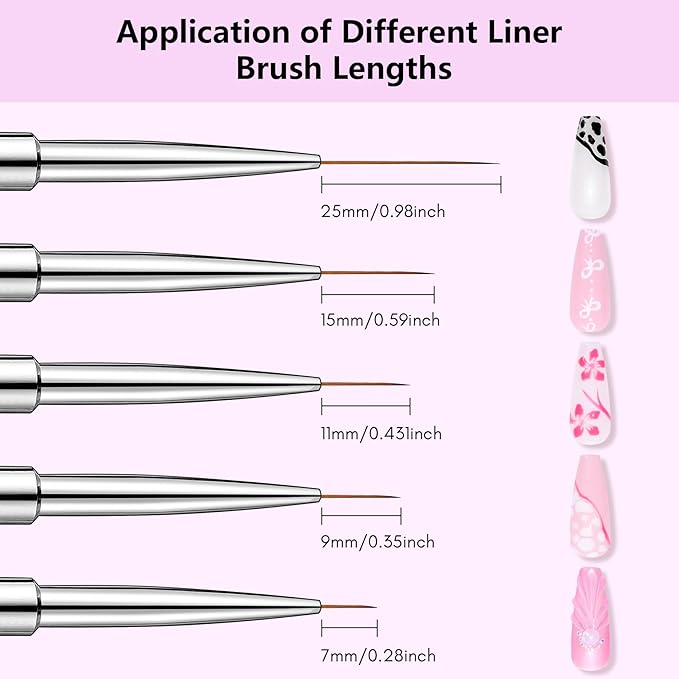 Makartt Nail Art Brushes Set: 5pcs Liner Brushes 7/9/11/15/25mm Thin Nail Art Design Brush with Cap Nail Polish Brush for Builder Gel 3D Nail Gel French Tip Tool Nail Painting