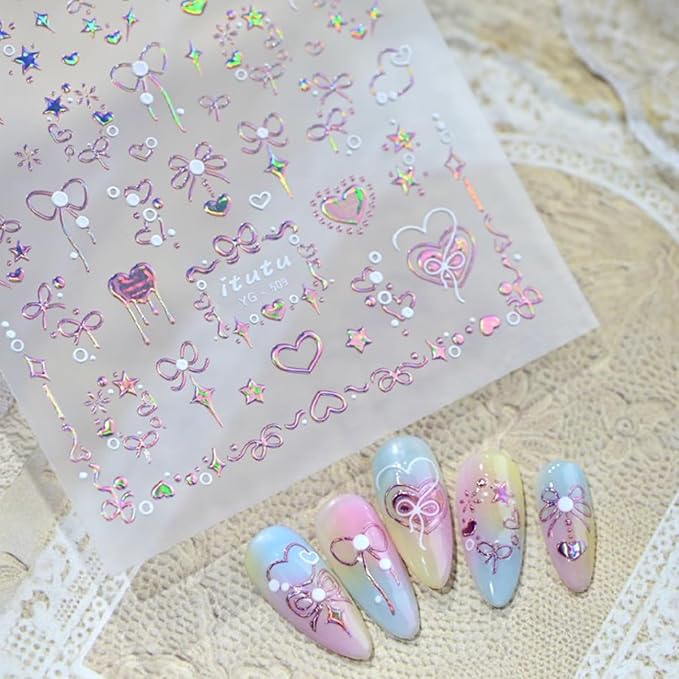 5D Embossed Valentines Day Nail Art Stickers for Nail Art Bow Nail Stickers with Pink Bow Star Heart Romantic Self Adhesive Design Cute Nail Decals Nail Art Supplies for Women Acrylic Manicure Tips