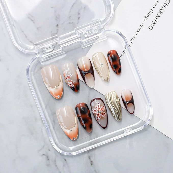 Handmade Press on Nails Full Cover False Nails with Vintage Leopard Print French Tip Designs Medium Almond Flower Press on Nails Glossy Thickened Golden Embossed Acrylic Nails for Women（Size M）