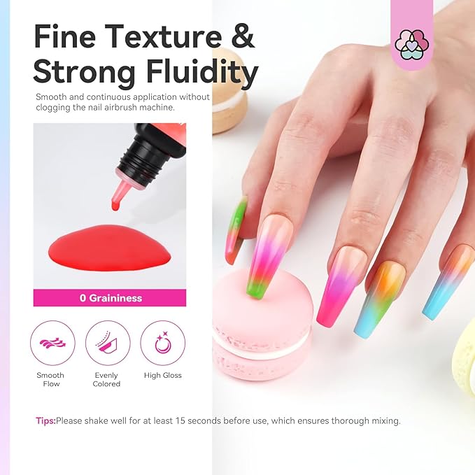 SAVILAND Airbrush Gel Nail Polish Hema-Free: Dilution-Free 12 Vitality Colors Airbrush for Nails Set Non-Acetone with Fine Mist Nail for Spray French & Ombre Nail Polish Nail Art Design Salon Kit