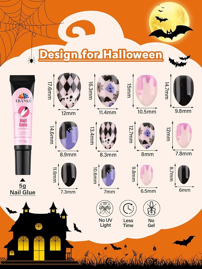 24 Pieces Press on Nail Kid, EBANKU Halloween Mini Glue on Nail Almond Cute Design Acrylic Nails with Nail Glue for Girls 7-12 Years
