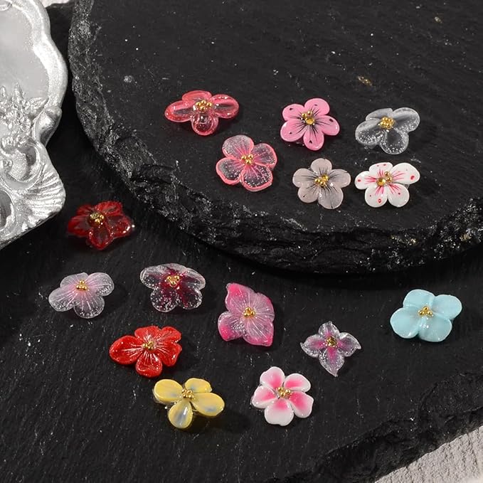 30PCS 3D Handmade Flower Nail Art Charms Advanced Handcrafted Cherry Blossom Flower Colorful Sculpted Floral Nails with Rhinestone Caviar Beads Design for Women Profession Nail Art Craft Jewelry
