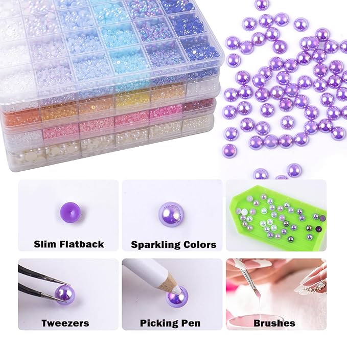9960 Purple AB Pearls Rhinestones, Assorted Size 3/4/6/8mm Flatback Half Pearls for Crafts, Tumblers, Shoes, Nails, Face Art