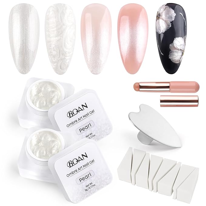 BQAN Ombre Gel Nail Polish Pearl Color, 2Pcs Patting Gradient Painting Gel with Nail Sponge & Silicone Brush & Palette for Ombre Nails Gradient Design, French Manicure DIY Nails Art