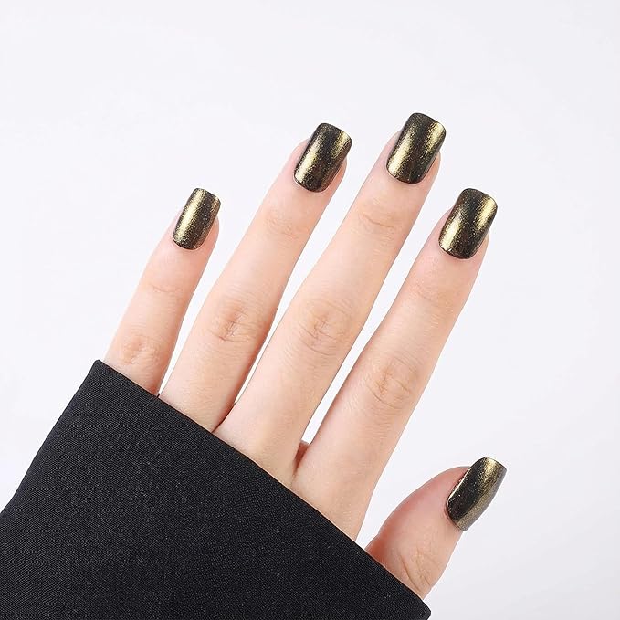 Short Square Press On Nails Gothic - Black And Gold Metallic Glitter Edgy Metallic Shimmer For Women, Perfect For Cosplay, Themed Events, Or Bold Evening Looks, 24 Nails in 12 Sizes