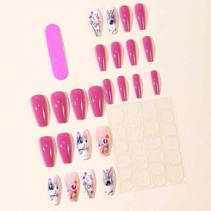Easter Day Press on Nails Coffin Shape Fake Nails with Bunny & Flower Design Medium Length Rabbit Fake Nail Cute Easter Acrylic Nail Stick on Nails for Women Girl Nail Decorations 24 Pcs