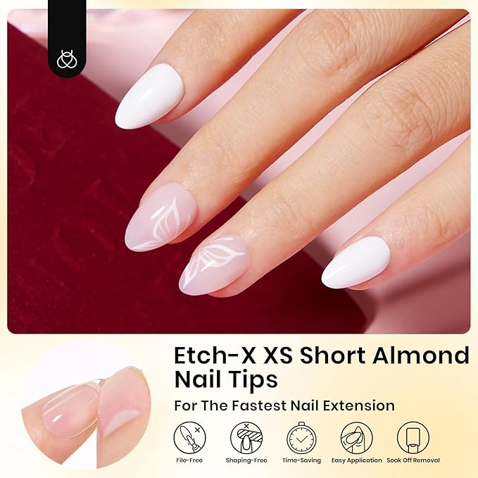 Beetles Gel Nail Tips Almond, Extra Short 288Pcs 12 Sizes Etch-X Full Cover Soft Acrylic False Nail Tips Almond Shape Easy DIY Nail Extension Art Salon Gift for Women