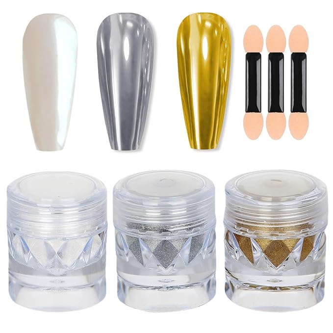 Pearl Chrome Nail Powder Gold Silver, White Pearl Iridescent Mermaid Glitter, Mirror Effect Metallic Gel Chrome DIY Nails Art Salon-3 Jar