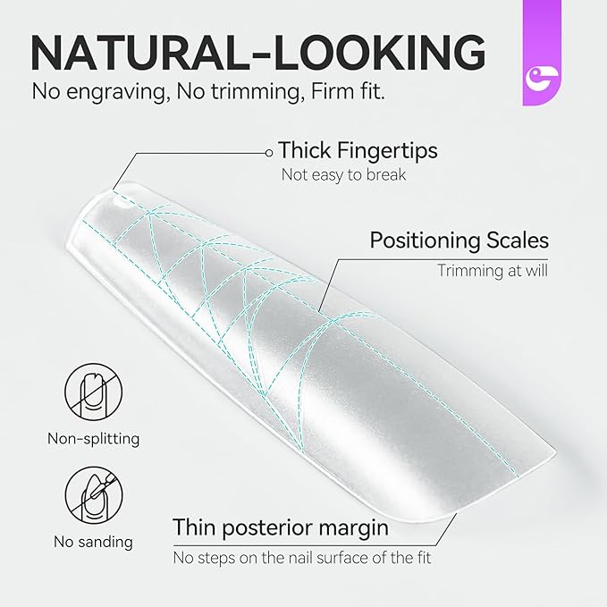 Guiding Line Nail Tips for Salon: Gelike EC Full Matte Coffin Gel Nail tips with Auxiliary Positioning Line - Nail Extension Tips for Professional -100 Pcs 10 Sizes