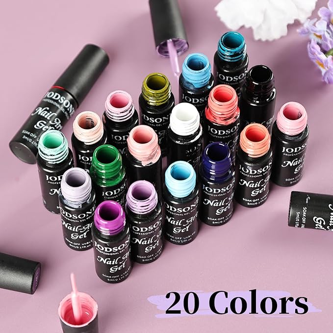 JODSONE Gel Polish Nail Art Gel Liner Set 20 Colors Red Pink Blue Purple with Thin Brush Need U V Lamp Cured Gift for Girls at Home Salon Design,Valentines Gifts for Women