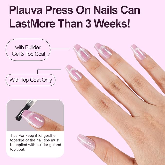 Cat Eye Press on Nails, 300Pcs Short Coffin Cat Eye Nail Tips, Glossy Glitter Soft Gel Fake Nails for Women and Girls Stick On Nails in 15 Sizes