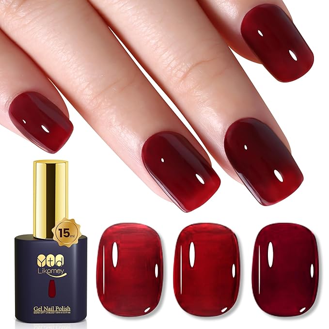 YTD Likomey Nude Gel Nail Polish,15ml Berry Red Translucent Neutral Jelly Sheer Blood Red Glass Salon Home DIY Manicure Fall Winter UV Color Varnish,LS301