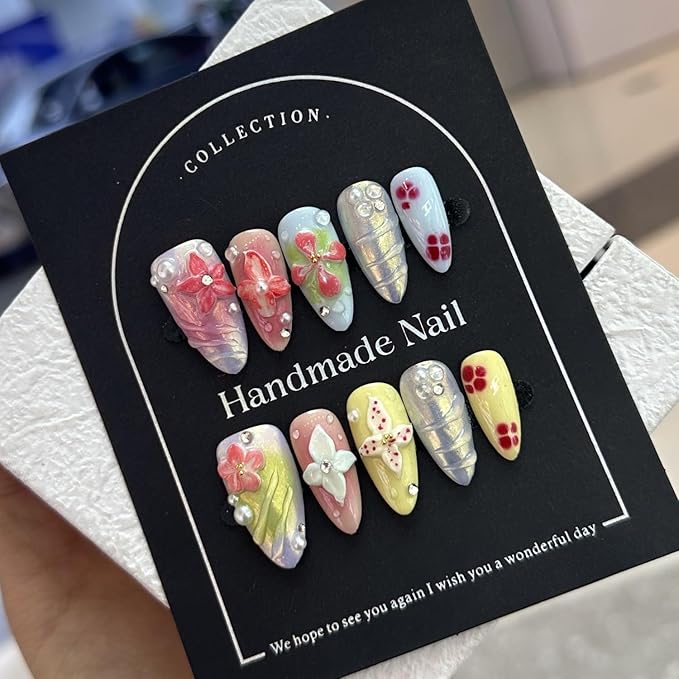 Handmade Press on Nails Luxury 3D Flower Pearl Acrylic Nails Designs Almond Medium Fake Nails Muti-Layer Gel Full Cover French Tips Thick Stick on Nail Gradient False Nails for Women and Girls (M)