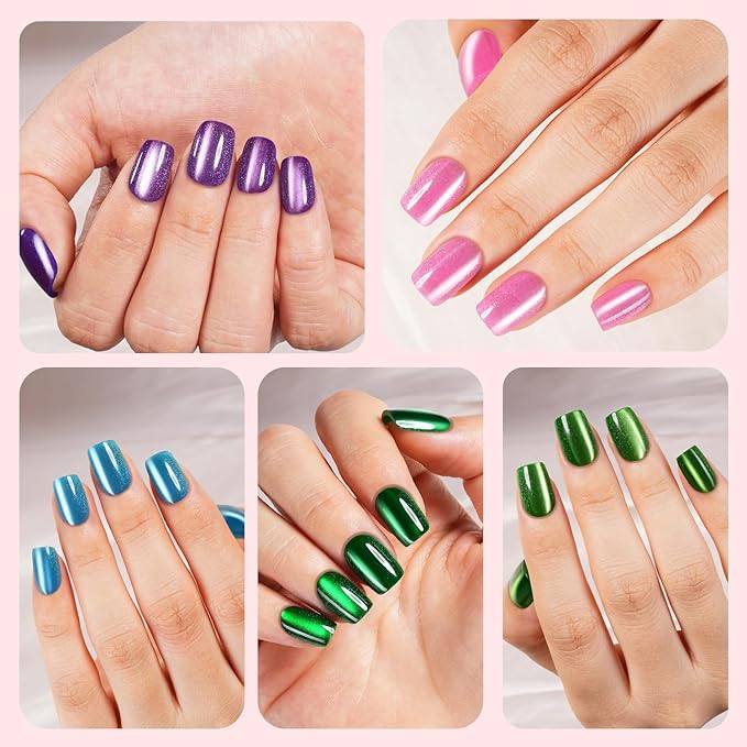 Cat Eye Press on Nails Short Square, 300Pcs Soft Gel Fake Nails, Glossy Glitter Cat Eye Nail Tips for Women and Girls Stick On Nails in 15 Sizes