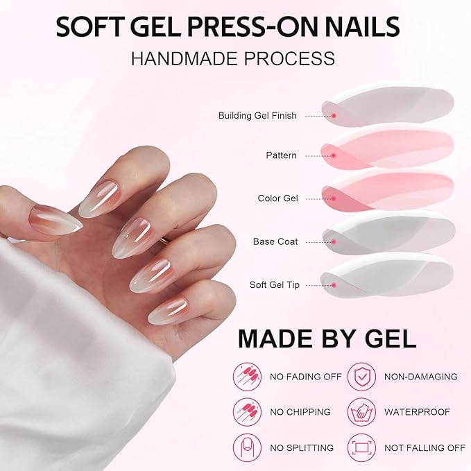 Short Press On Nails Ons Almond - Findigit Glossy Nude White Ombre Soft Gel Nails, Natural Reusable Stick On Nails with Glue On in 16 Sizes - 32 Fake Nails Kit, Almond Ombre Glazed
