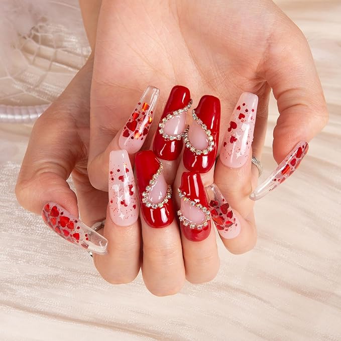 LOVFUL Press on Nails Love Day Exclusive | Handmade with Full Covered Crystals | Reusable Full Cover Nails | Coffin Classic Regular 1.3 in | H154-L
