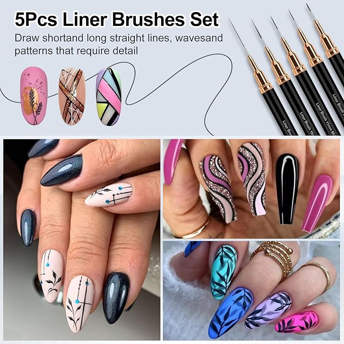 Nail Art Liner Brushes, 5Pcs Liner Brush For Nails, Painting Nail Art Brush Set Dotting Drawing Tool for Long Lines, Thin Details, UV Gel Polish Painting, Fine Drawing 7/9/11/15/25mm(Black)